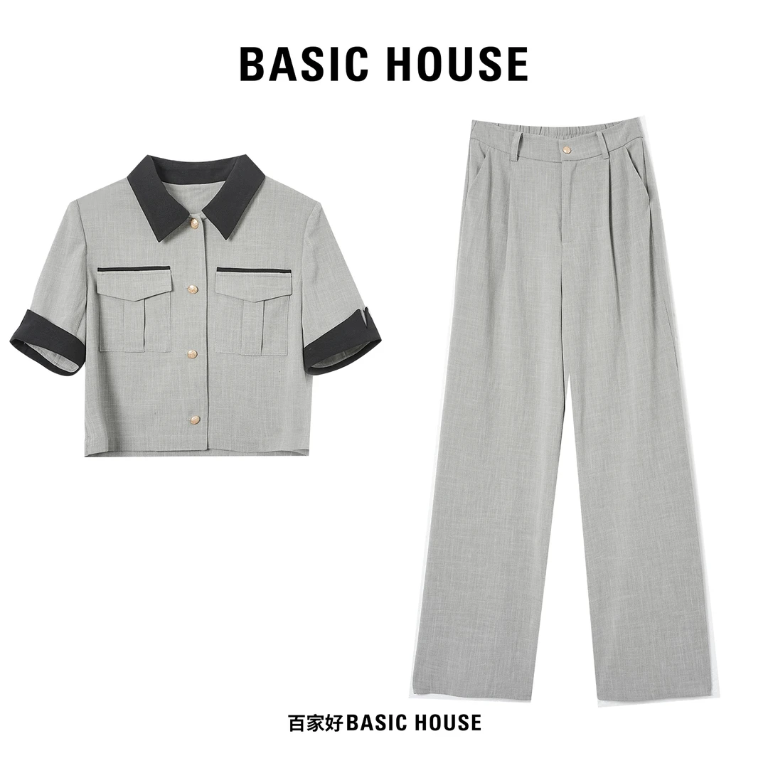 Basic House/百家好2024气质通勤新款套装女装显瘦遮肚短袖长裤