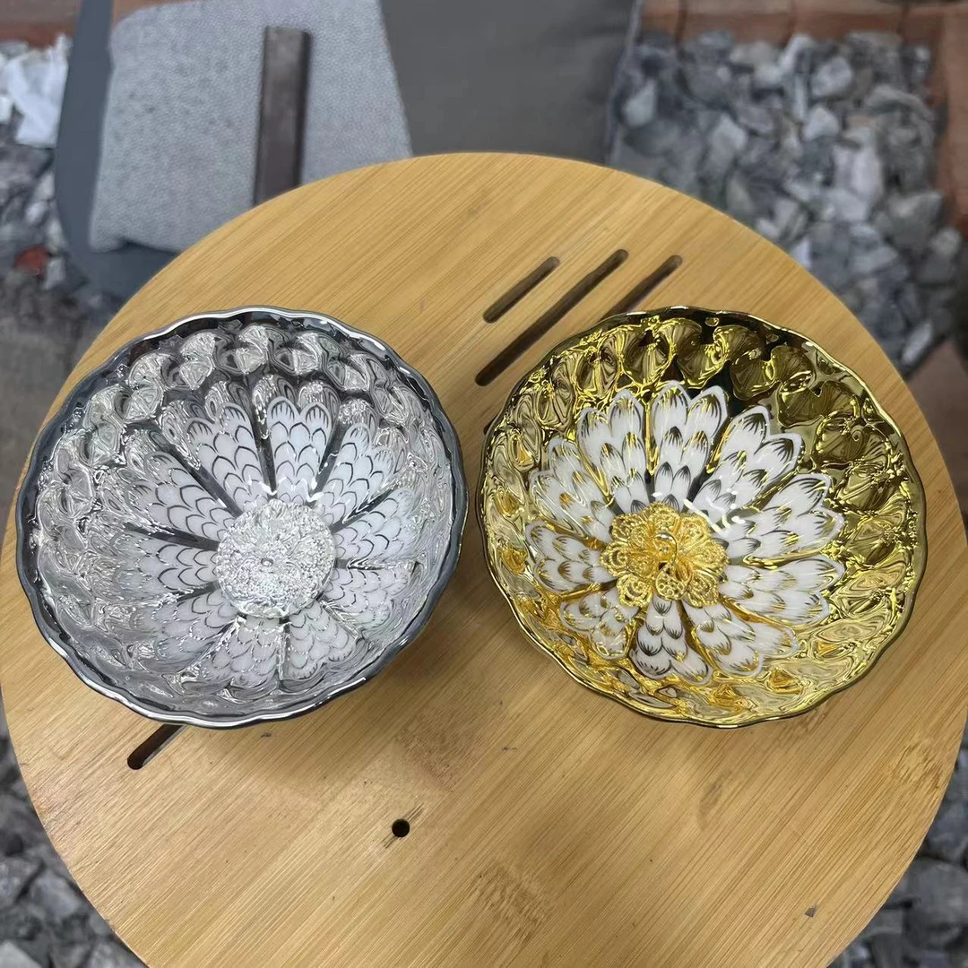 手工茶器 冰清玉洁银龙+金玉满堂孔雀对杯