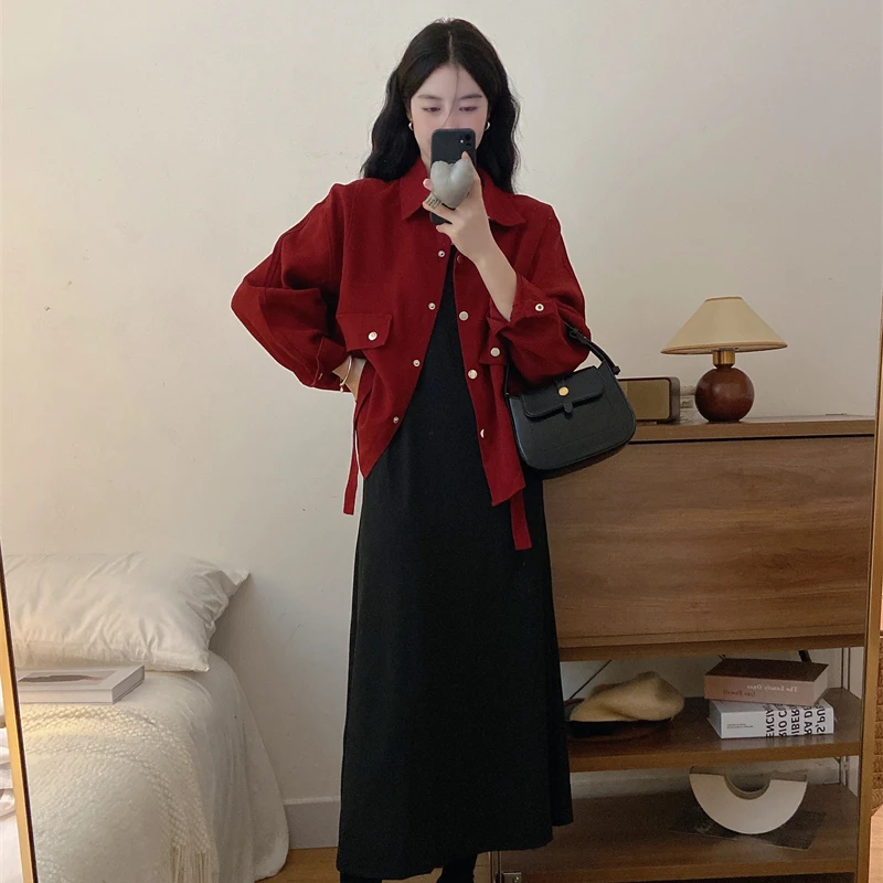 大码秋季新款胖妹妹红色衬衫外套吊带裙今年流行两件套装裙1626