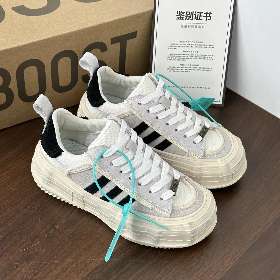 新款三条杠复古帆布鞋男2024爆款休闲时尚做旧厚底增高情侣小白鞋