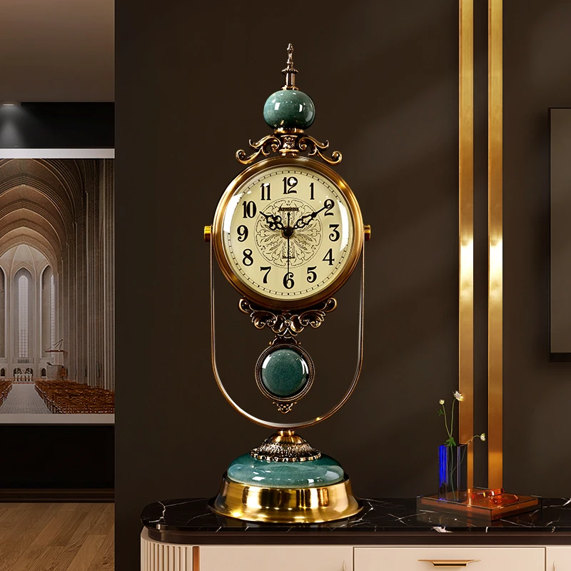 美式轻奢复古座钟欧式客厅创意台式超静音时钟简约冰裂纹装饰摆件