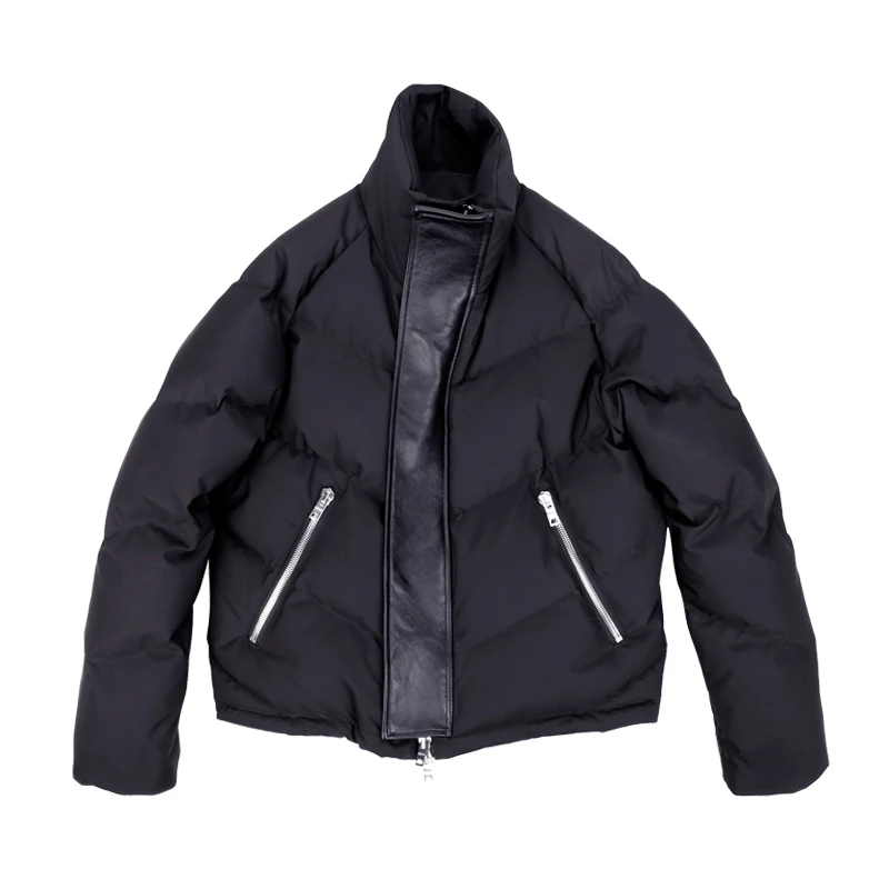 设计师冬白鹅绒短款羽绒服男拉链拼羊 皮厚外套夹克