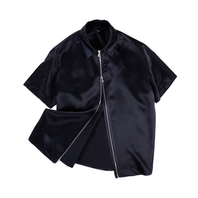 新款丝滑挺阔感高档全醋酸拉链短袖翻领男士衬衣衬衫休闲夏季薄款