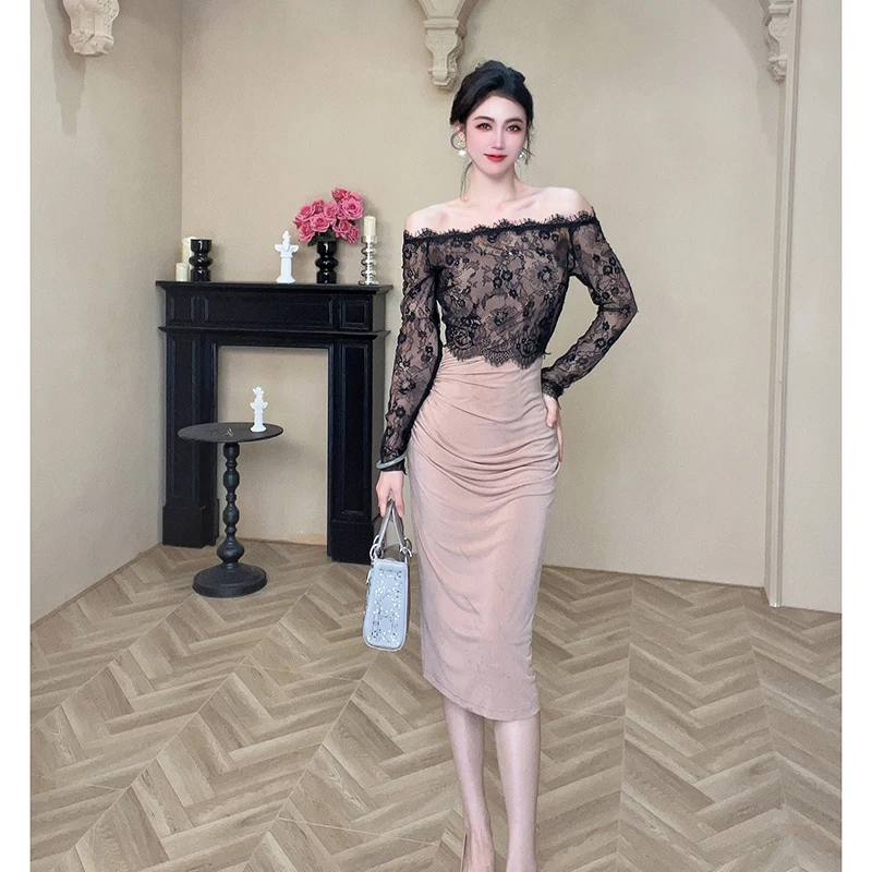 【琼仪定制】2025秋季法式气质一字肩复古名媛拼接蕾丝连衣裙20034