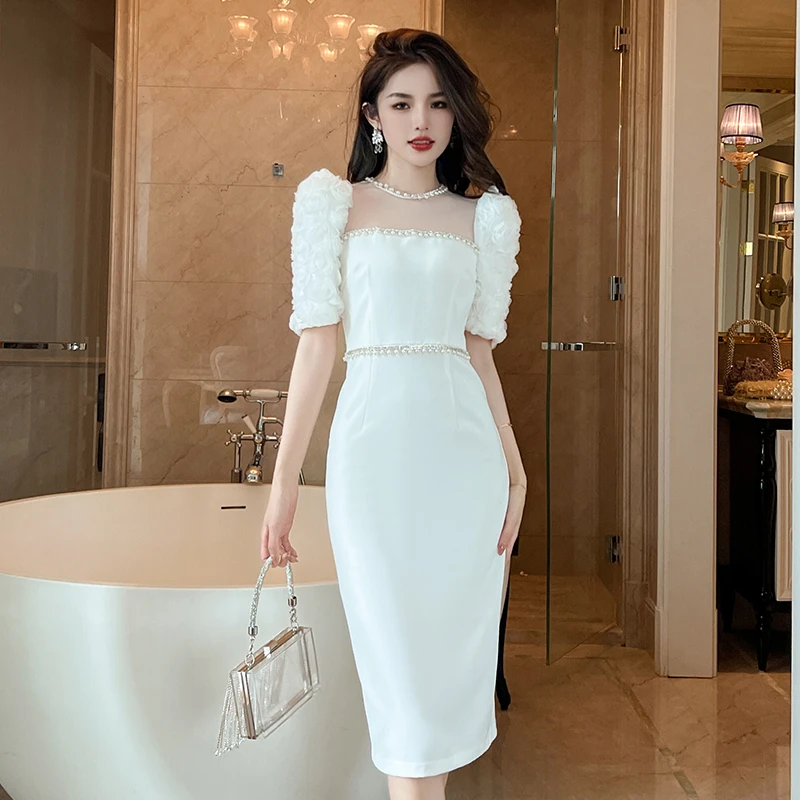 轻奢名媛高级感气质圆领拼接中长款修身包臀裙女50106