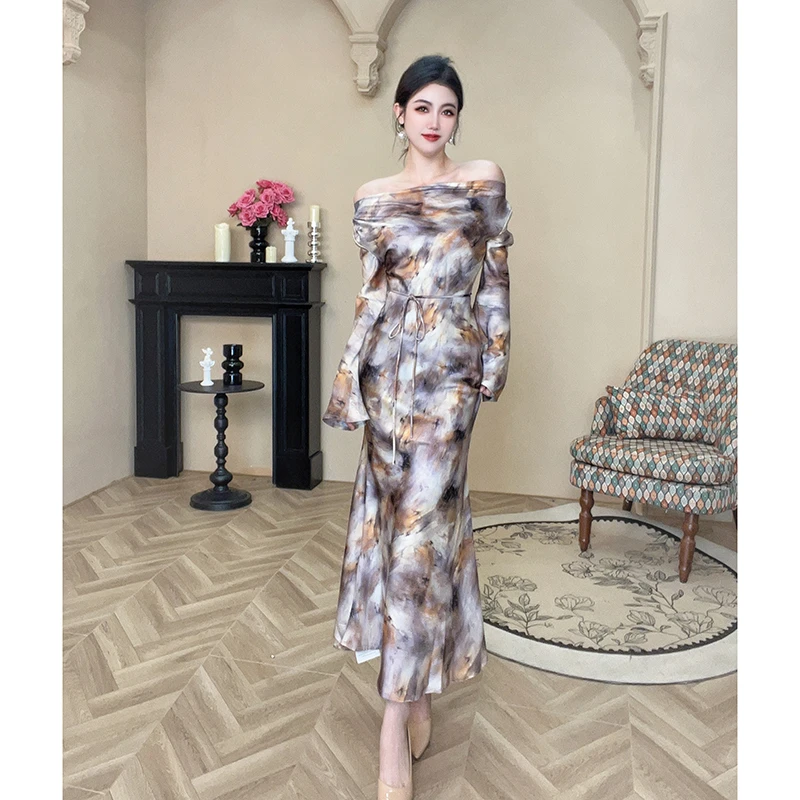 【设计师定制】早秋新款法式长袖印花高级感扎染连衣裙75005