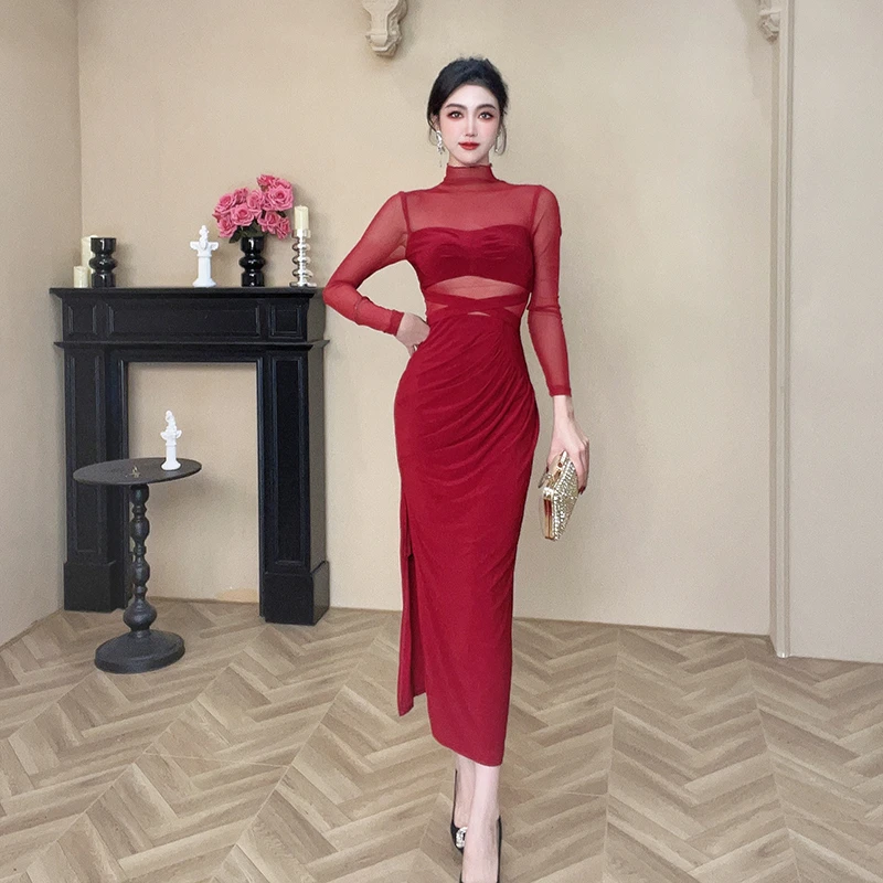 秋季新款时尚设计感修身显白显瘦收腰气质高级长袖连衣裙20733