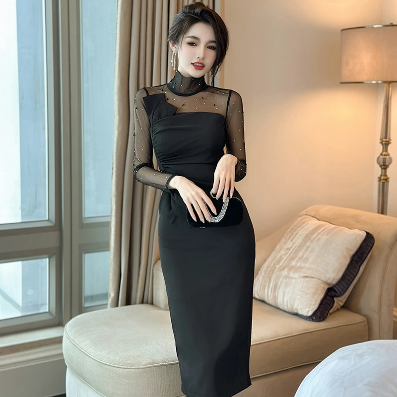 秋季新款显瘦名媛收腰轻熟性感时尚修身气质长袖连衣裙10779