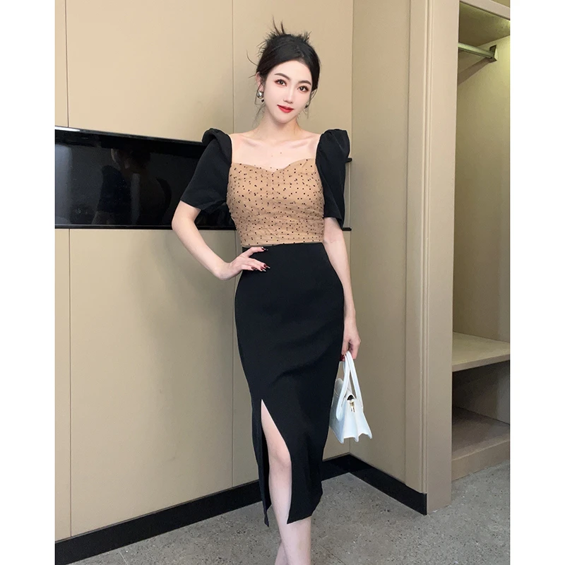 2024夏季新款女装名媛法式波点网纱拼接设计感假两件连衣裙3946