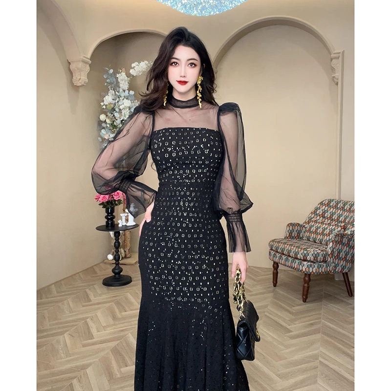 秋季新款名媛轻奢高贵收腰包臀长袖鱼尾连衣裙20760