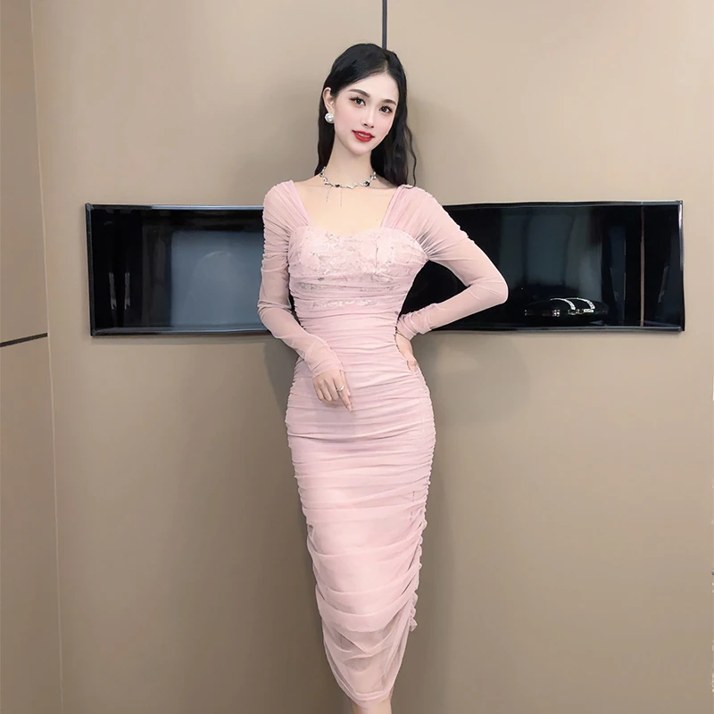 【设计师定制】新款气质名媛褶皱收腰包臀连衣裙70073