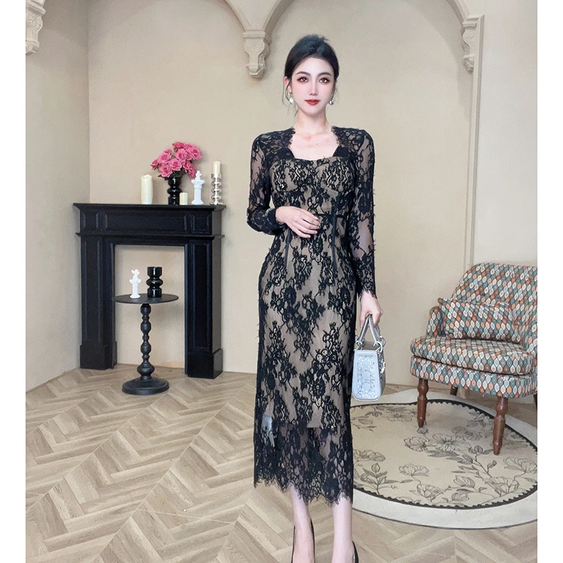 新款气质修身高腰显瘦蕾丝包臀裙配大衣连衣裙5404