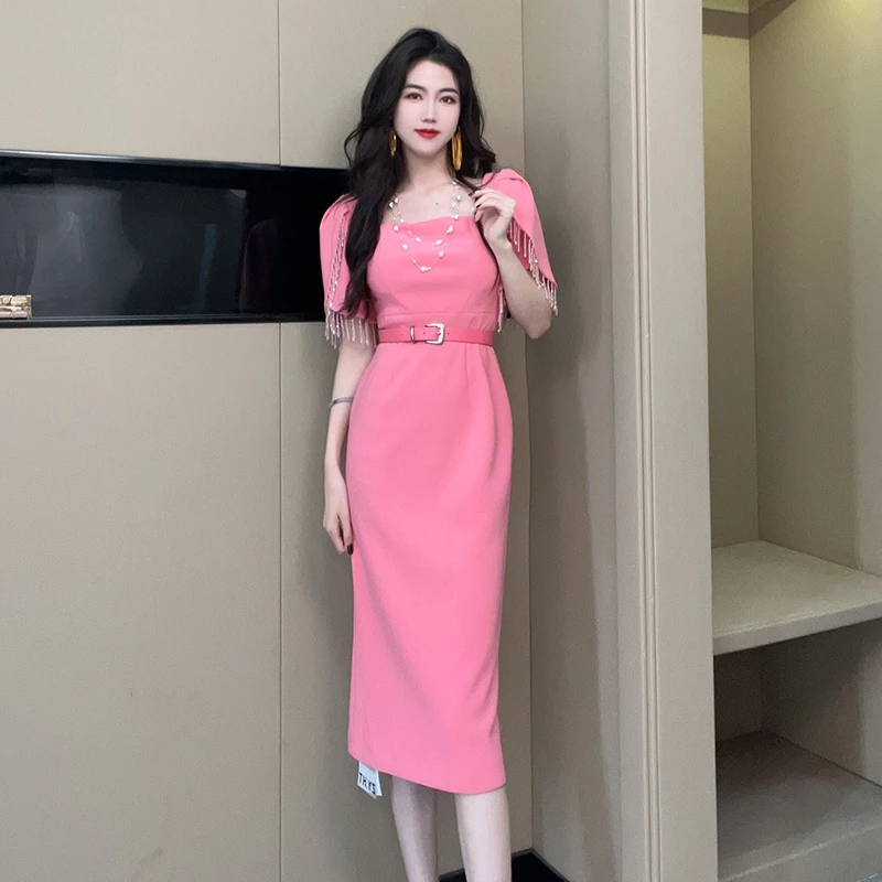 【设计师定制】气质轻奢夏季法式收腰性感时尚修身方领连衣裙21134