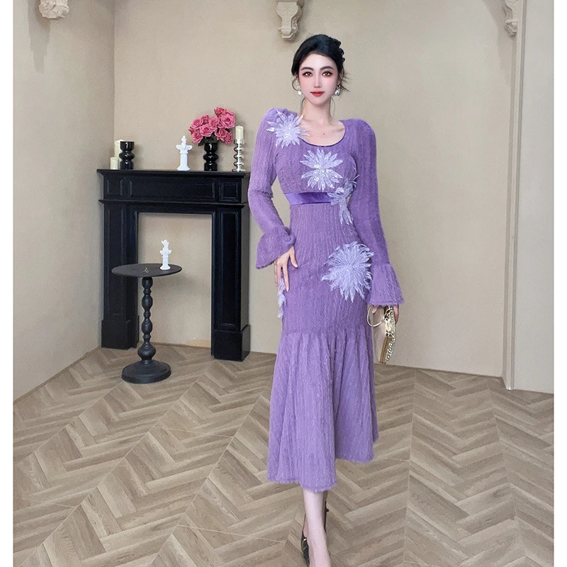 秋季新款气质时尚收腰鱼尾秋冬毛绒连衣裙21003