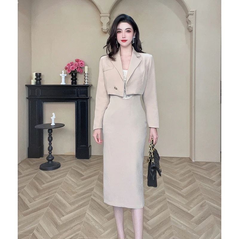 气质轻熟风时尚西装外套纯欲吊带两件套连衣裙20197