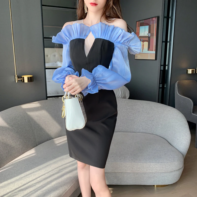 晚礼服新款欧美女装性感一字领荷叶边修身连衣裙4354
