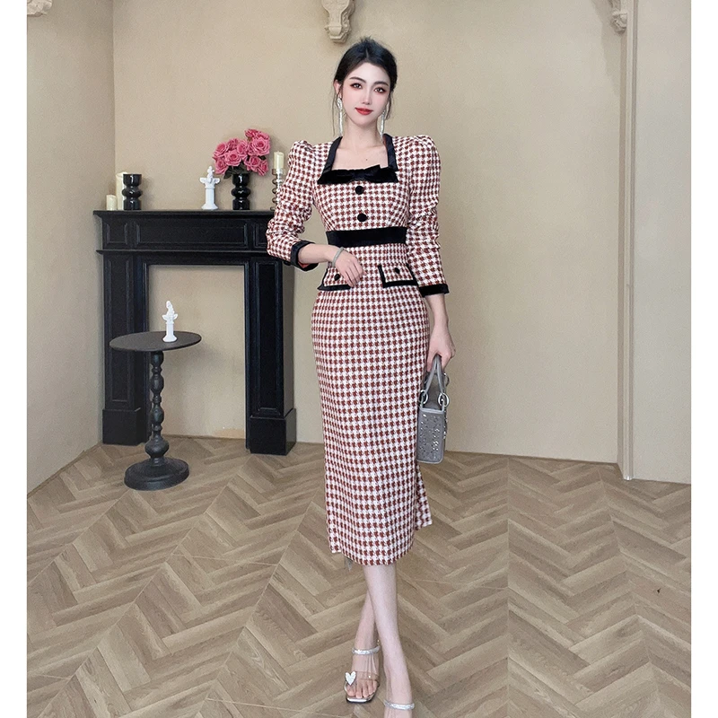 法式新款时尚轻奢修身显瘦气质长袖收腰复古中长款连衣裙50683