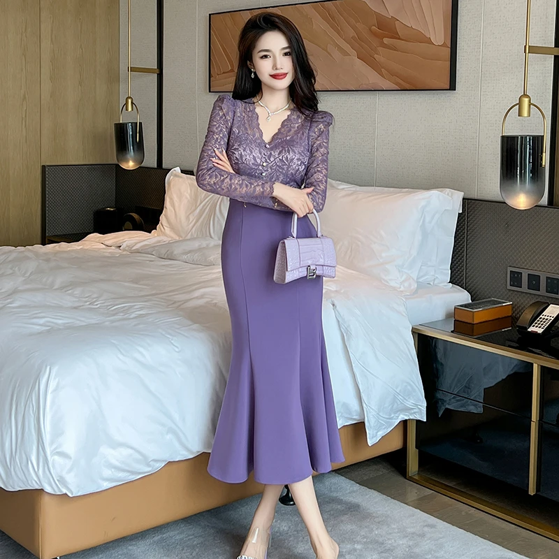 秋季新款高冷御姐紫色蕾丝连衣裙小众轻奢高级感20845