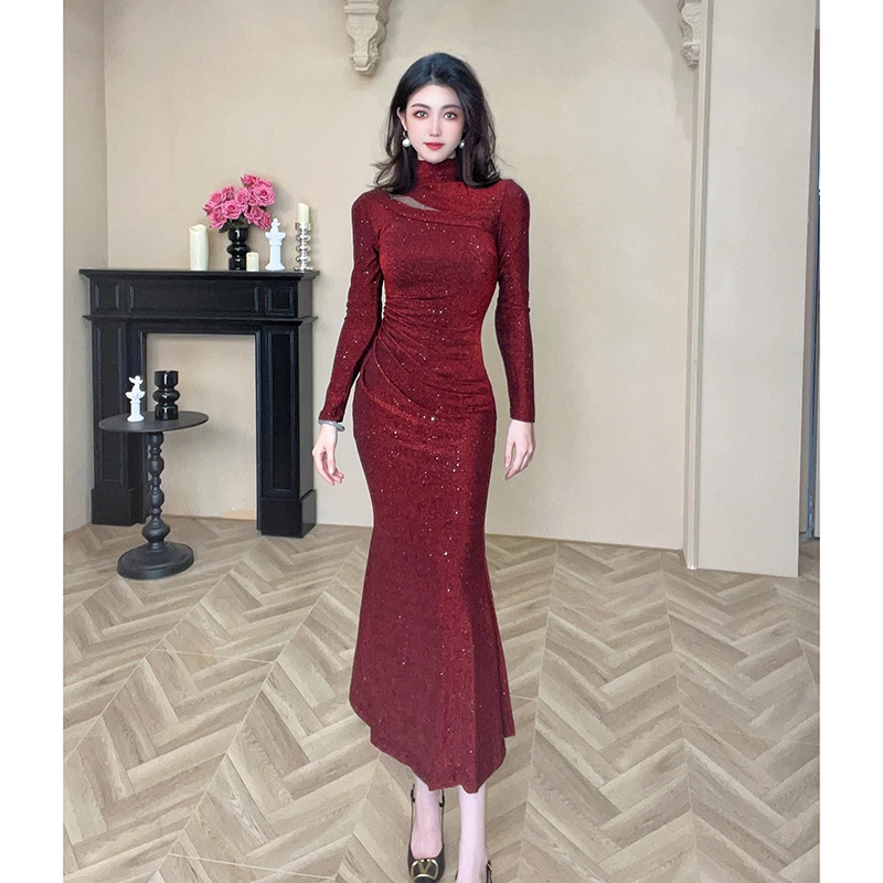 新款显瘦时尚气质长袖性感复古包臀连衣裙30755