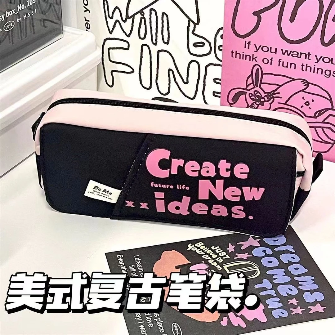 美式复古笔袋高颜值大容量拉链式学生双层情侣笔袋多巴胺铅笔盒