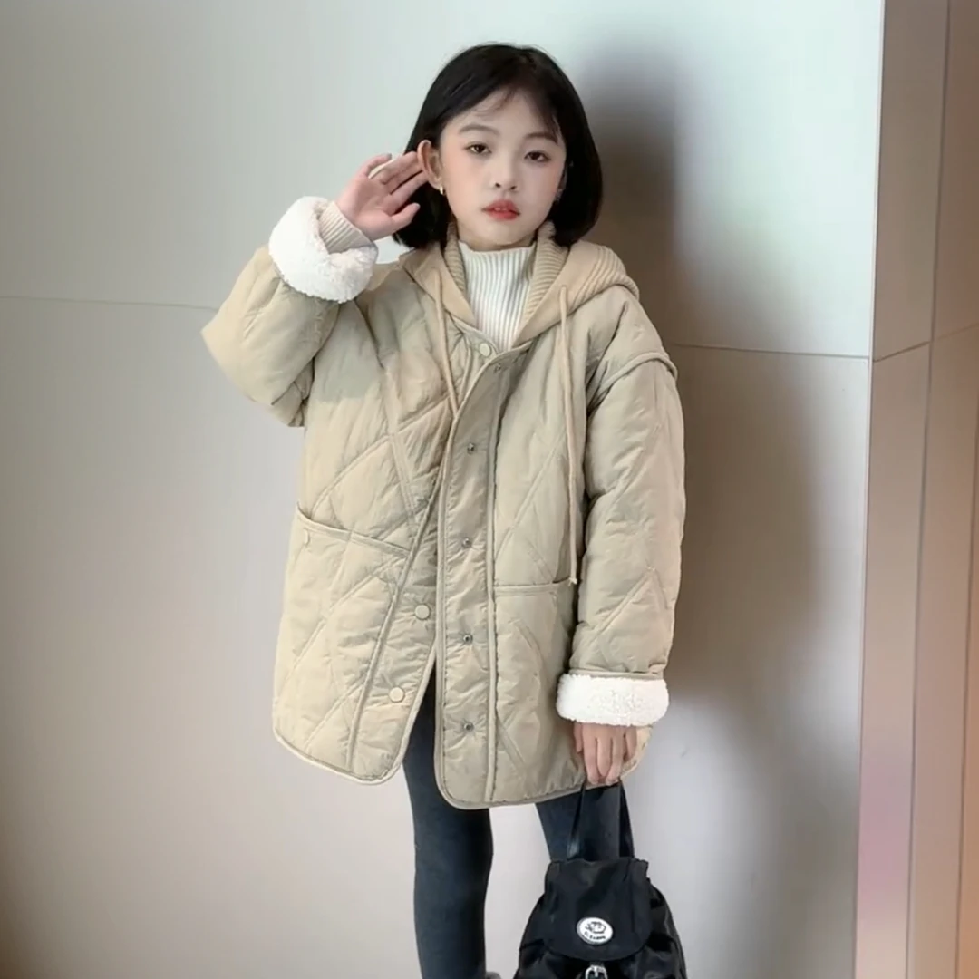 女童夹棉加绒外套秋冬款2024新款儿童初冬季二棉薄款棉服女式大童