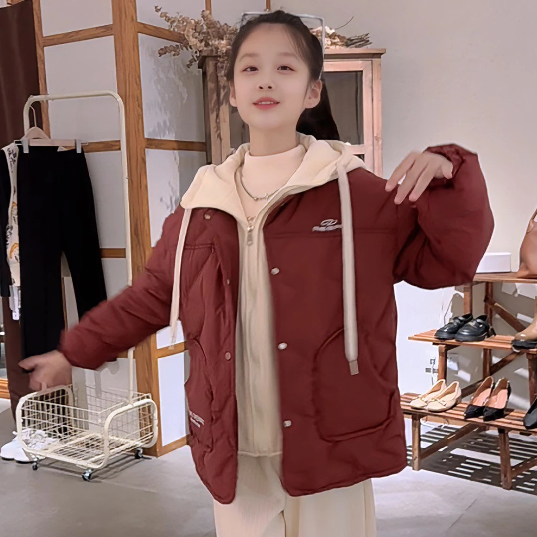 女童假两件棉衣外套秋冬季2024新款中大童连帽夹棉儿童保暖棉服潮