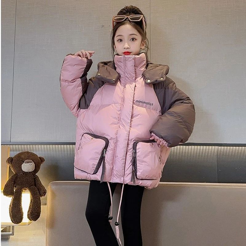 女童加厚棉服2023新款中大童冬季儿童外套面包服拼色棉衣冬装
