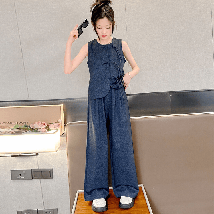 女童牛仔套装2024新款洋气女孩气质显瘦无袖背心阔腿裤两件套夏季