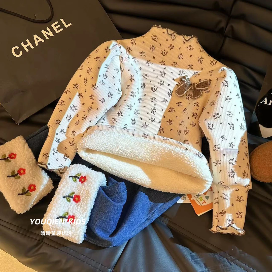 女童套装秋冬款洋气2023新款女宝宝加绒卫衣儿童女孩冬装加厚碎花