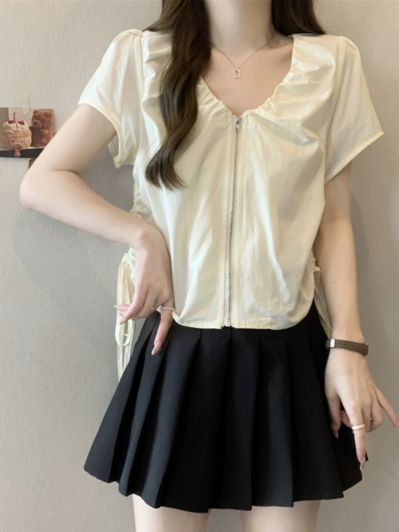夏季女装显瘦百搭v领短袖抽绳款