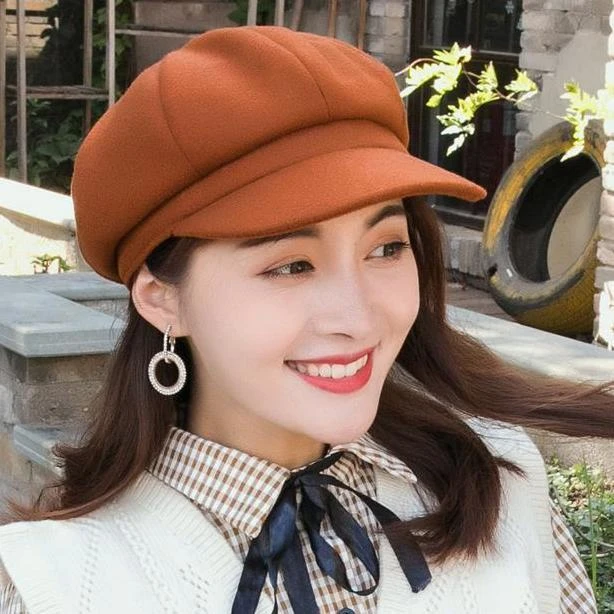 纯色英伦毛呢八角帽子女秋冬韩版百搭画家贝雷帽日系蓓蕾报童帽