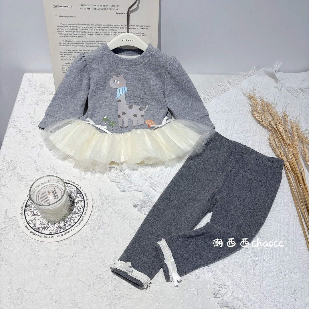 潮西西定制童品2024秋季新款套头卡通图案蕾丝裙边打底裤套装女宝