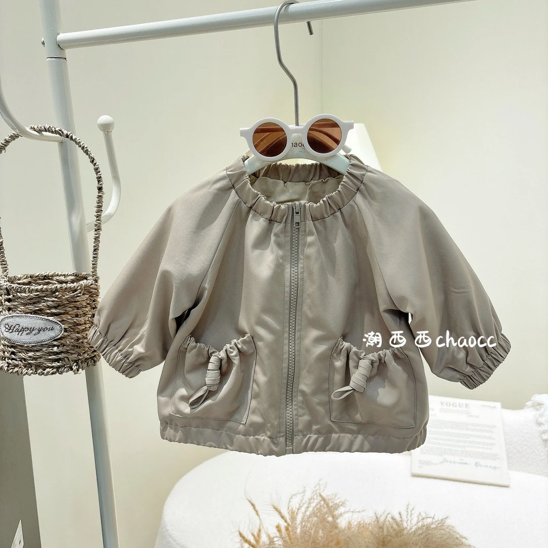 潮西西定制童品2024秋季新款卡其色口袋风衣外套洋气女宝纯色