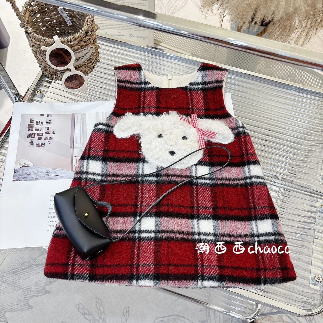 潮西西定制童品2024秋冬新款复古格子卷毛小狗公主裙毛呢洋气女童