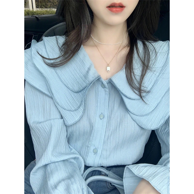 蓝色娃娃领衬衫女2025秋季高级感内搭打底衬衣洋气设计感小众上衣