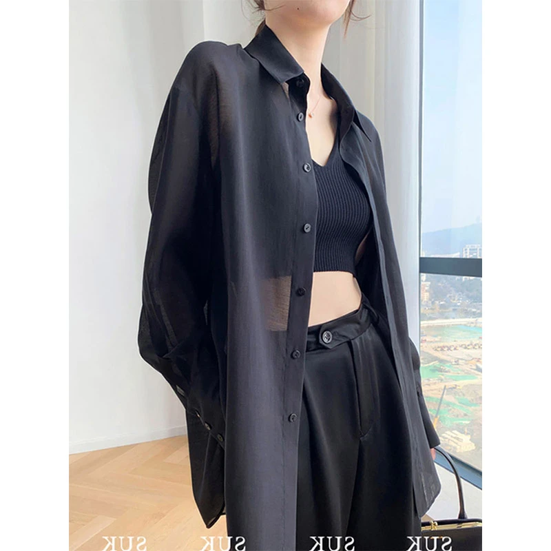 雪纺衬衫女夏季薄款高级感2025年新款薄纱吊带裙子外搭配防晒衬衣