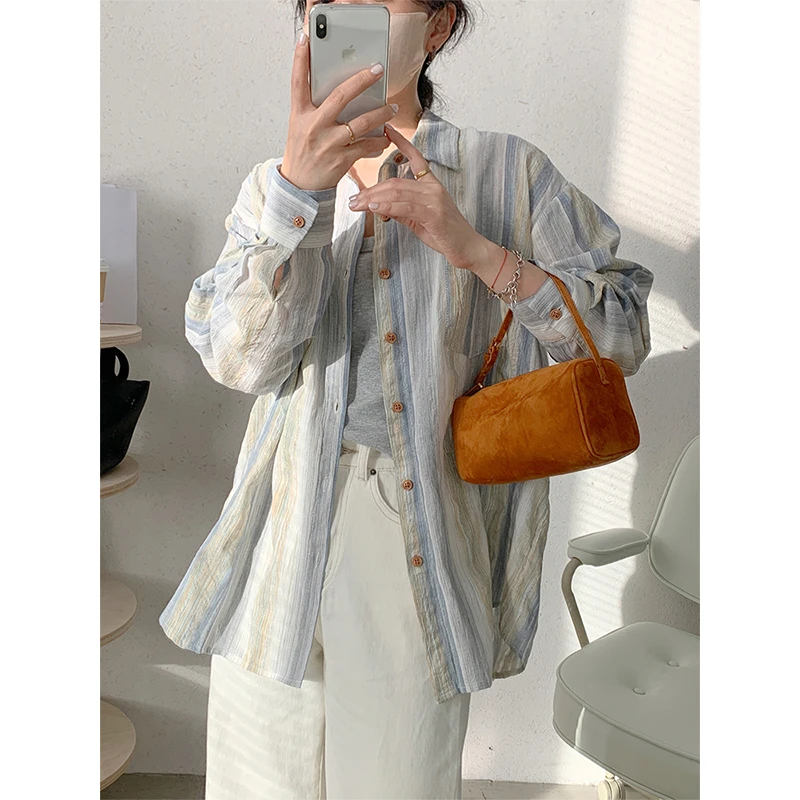 法式慵懒风条纹防晒衬衫女春夏季新款宽松百搭衬衣轻薄长袖上衣女
