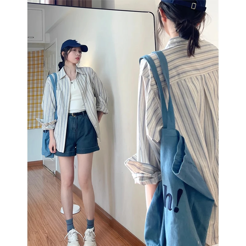 条纹防晒衬衫女春夏设计感复古港味慵懒风上衣宽松外套男友风衬衣