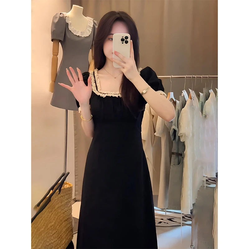 法式赫本风花边方领黑色连衣裙女2024新款女夏季宽松显瘦气质长裙