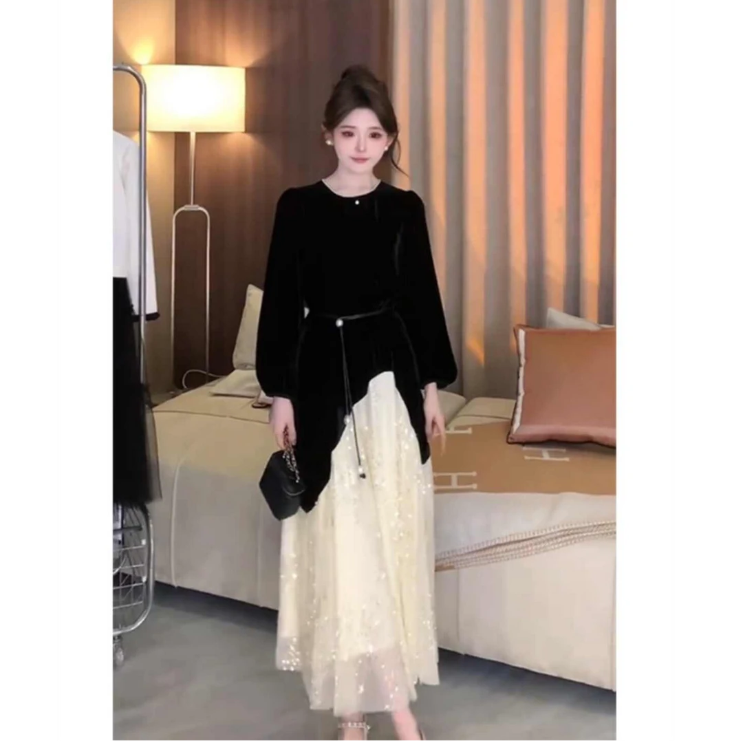 法式氛围感亮片网纱拼接丝绒连衣裙女2025早秋季新款气质显瘦长裙