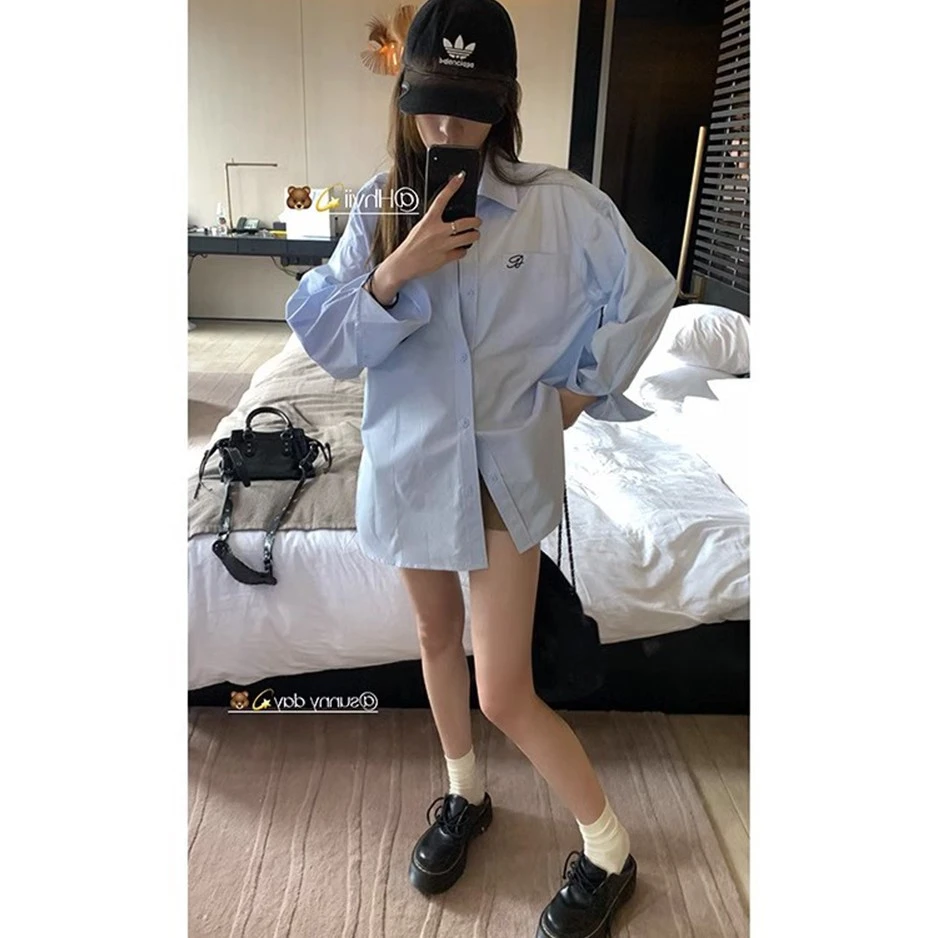 法式蓝色衬衫女2023早秋装新款宽松oversize慵懒风外套百搭上衣女