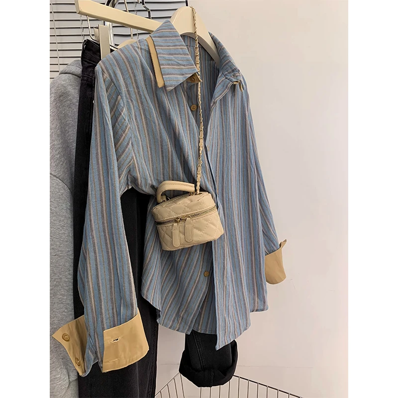 韩系蓝色条纹衬衫女春装设计感小众慵懒法式叠穿内搭衬衣打底上衣