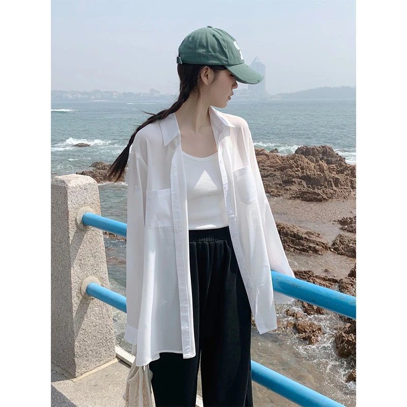 白色防晒衬衣2023夏季新款长袖衬衫雪纺设计感小众薄百搭衬衫外套