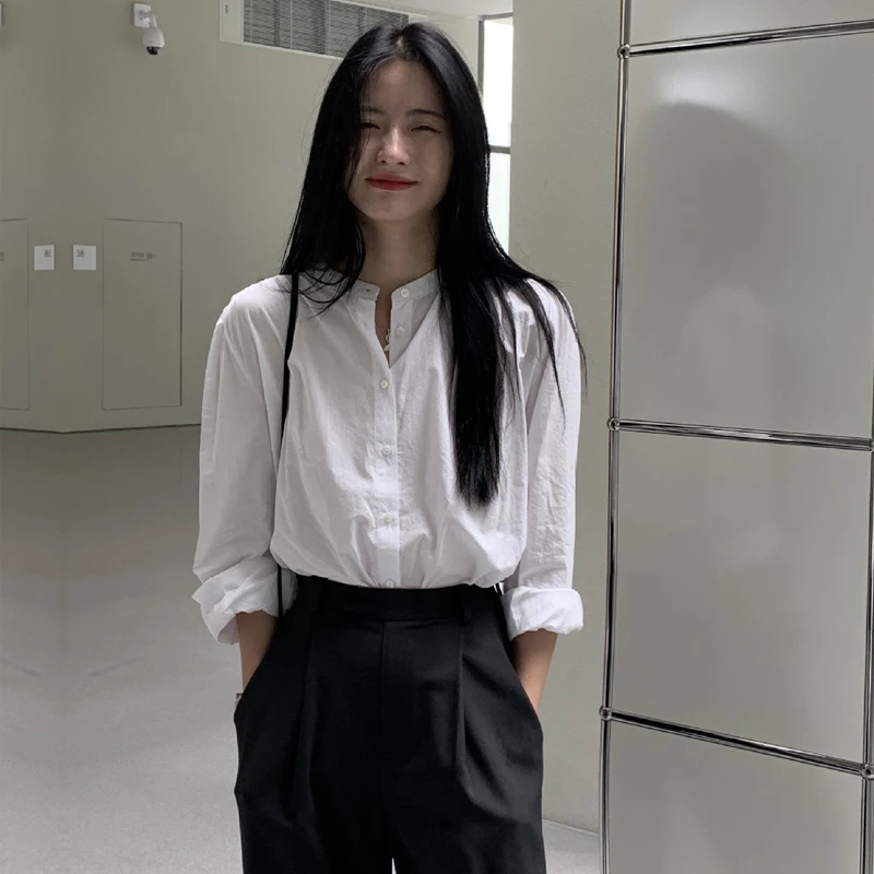 韩版ins白色衬衫女圆领长袖2025秋季新款复古设计感小众百搭衬衣