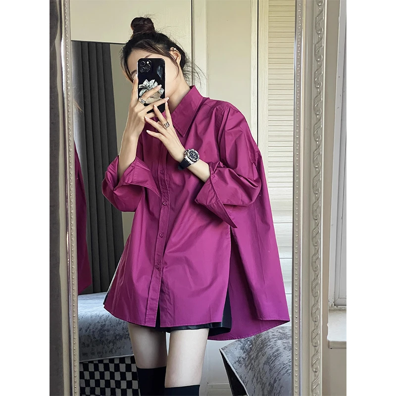 韩版慵懒风设计感不规则玫红色衬衫女上衣2024早春爆款叠穿上衣女