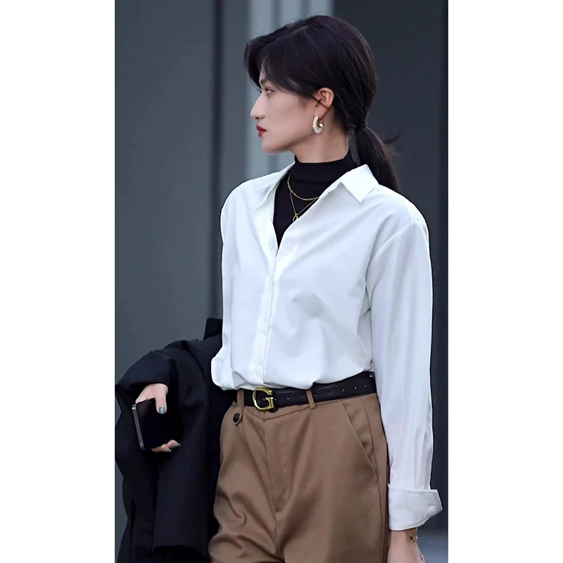 气质职场正装缎面白色衬衫女醋酸长袖时髦休闲百搭衬衣叠穿上衣女