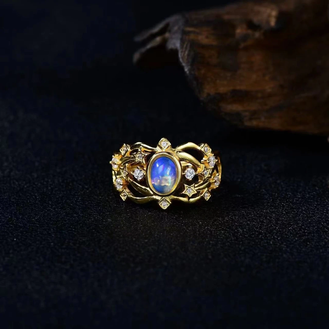 【欧泊彩晶】天然欧泊s925银时尚气质轻奢宽边镂空设计款活口戒指