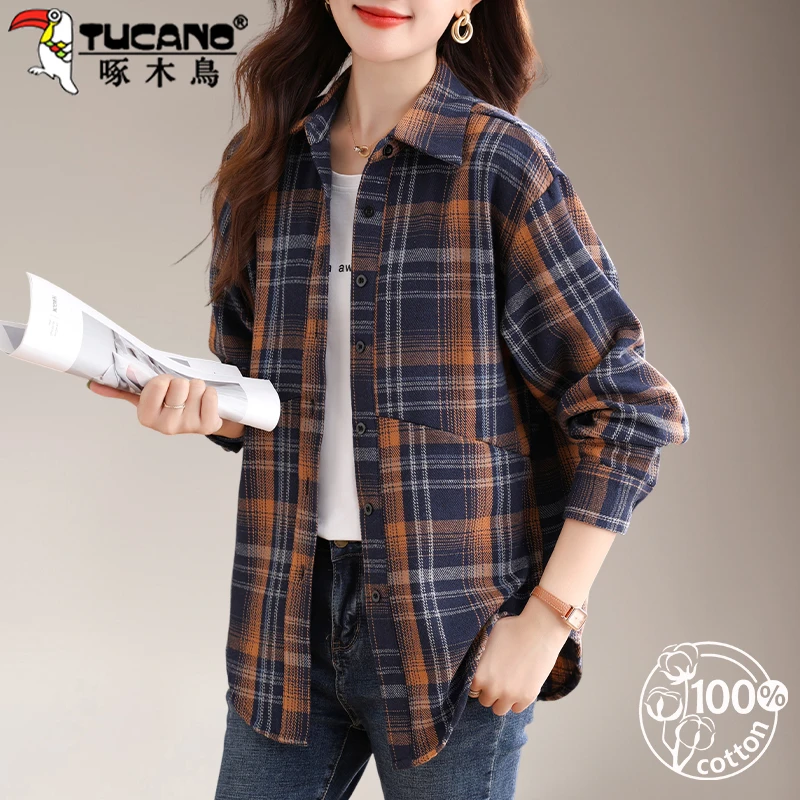 【官方】啄木鸟复古格子衬衫外套女春秋纯棉衬衣宽松百搭长袖上衣