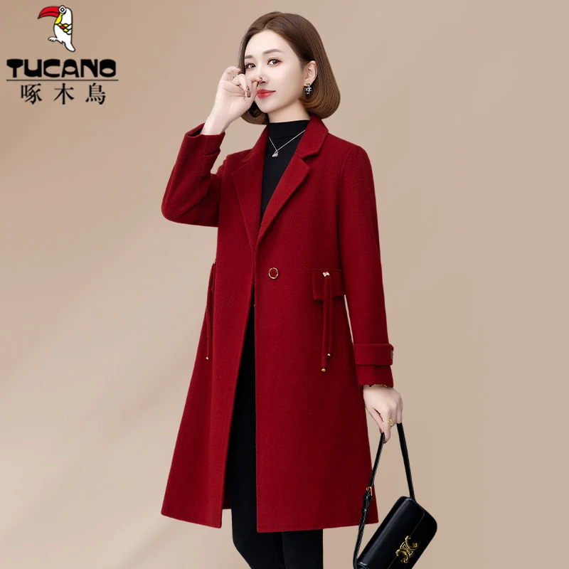 【官方】啄木鸟双面羊绒大衣女冬新款气质女装高级感羊毛呢子衣外套