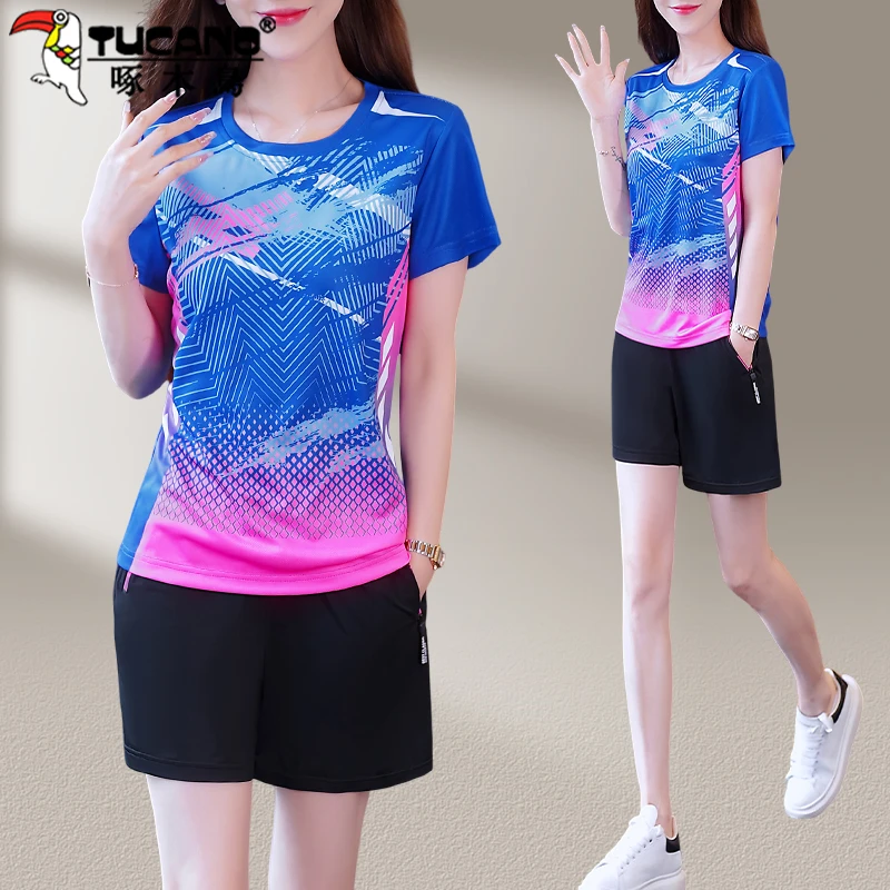 【官方】啄木鸟打羽毛球运动套装夏季女新款速干透气短袖短裤两件套